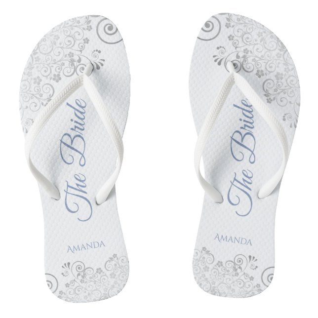Silver Lace & Dusty Blue Script The Bride Wedding Flip Flops (Footbed)