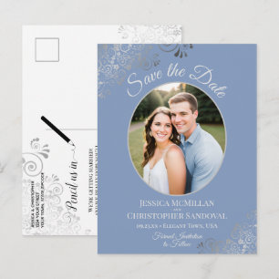 Silver Lace Dusty Blue Wedding Save the Date Photo Announcement Postcard