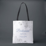 Silver Lace Dusty Blue & White Bridesmaid Wedding Tote Bag<br><div class="desc">These Bridesmaid tote bags are designed as favours or gifts for wedding bridesmaids. Great swag bag to fill with favours and gifts. The simple yet elegant design features silver grey lace in the corners with fancy dusty blue script lettering. There is space for her name, as well as the names...</div>