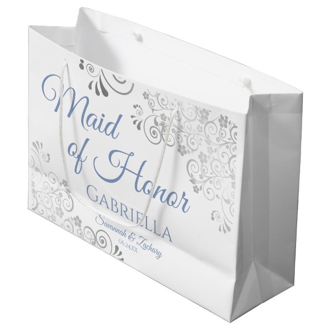 Silver Lace Dusty Blue White Maid of Honour Weddin Large Gift Bag (Front Angled)