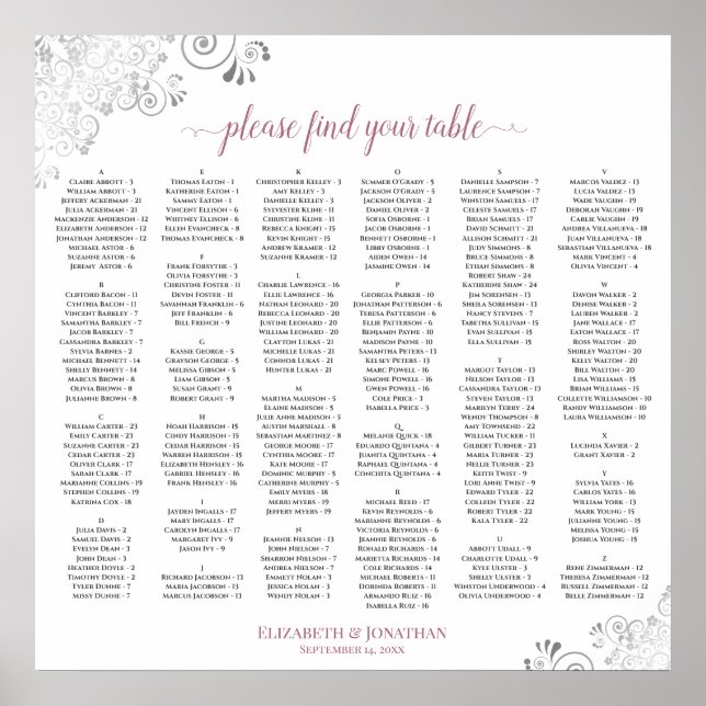 Silver Lace Dusty Rose Alphabetical Seating Chart (Front)