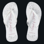 Silver Lace & Dusty Rose Maid of Honour Wedding Flip Flops<br><div class="desc">These beautiful wedding flip flops are a great way to thank and recognize your Maid of Honour while saving her feet at the same time. Features an elegant design with silver grey lace on a white background and fancy dusty rose or mauve pink script lettering. The test reads Maid of...</div>
