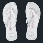 Silver Lace & Dusty Rose Maid of Honour Wedding Flip Flops<br><div class="desc">These beautiful wedding flip flops are a great way to thank and recognize your Maid of Honour while saving her feet at the same time. Features an elegant design with silver grey lace on a white background and fancy dusty rose or mauve pink script lettering. The test reads Maid of...</div>