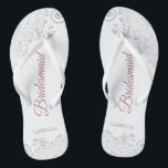 Silver Lace & Dusty Rose Script Bridesmaid Wedding Flip Flops<br><div class="desc">These elegant wedding flip flops are a great way to thank and recognize your bridesmaids, while giving their feet a rest after a long day. The beautiful design features an elegant design with silver grey lace frills on a white background and fancy dusty rose or mauve pink script lettering. The...</div>