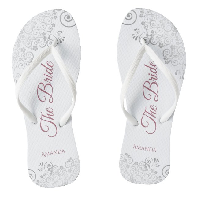 Silver Lace & Dusty Rose Script The Bride Wedding Flip Flops (Footbed)