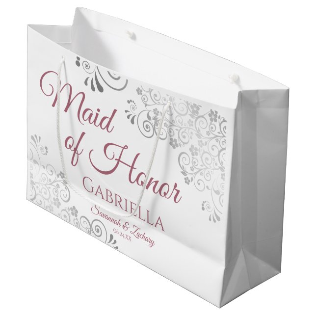 Silver Lace Dusty Rose White Maid of Honour Weddin Large Gift Bag (Front Angled)