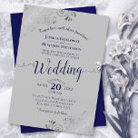 Silver Lace Elegant Navy Blue & Gray Wedding Invitation<br><div class="desc">This beautiful wedding invitation features a simple yet elegant design with navy blue text & fancy script calligraphy on a gray background and silver gray faux foil lace filigree in the corners. The wording is formal,  but the layout is modern and stylish.</div>