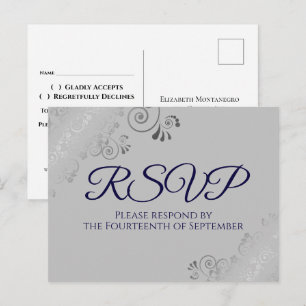 Silver Lace Elegant Navy Blue on Grey Wedding RSVP Postcard