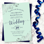 Silver Lace Elegant Neo Mint Green & Navy Wedding Invitation<br><div class="desc">This beautiful wedding invitation features a simple yet elegant design with lacy navy blue script calligraphy on a neo mint green coloured background and frilly silver faux foil filigree in the corners. The wording is formal,  but the layout is modern and stylish.</div>