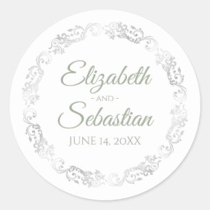 Silver Lace Elegant Sage Green on White Wedding Classic Round Sticker
