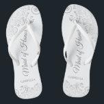 Silver Lace Elegant White Maid of Honour Wedding Flip Flops<br><div class="desc">These beautiful wedding flip flops are a great way to thank and recognize your Maid of Honour while saving her feet at the same time. Features an elegant design with silver grey lace on a white background and fancy script lettering. The test reads Maid of Honour with her name below....</div>