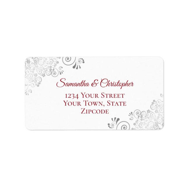 Silver Lace Frills Red on White Wedding Address Label (Front)