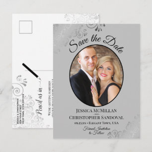 Silver Lace Grey Wedding Save the Date Oval Photo Announcement Postcard