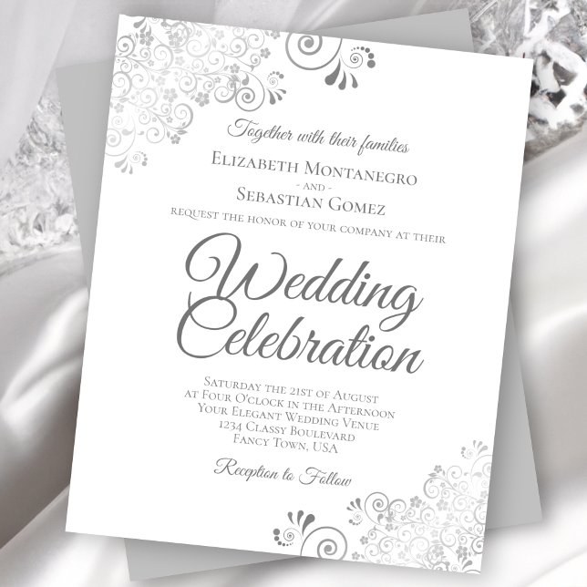 Silver Lace Grey & White Budget Wedding Invitation (Creator Uploaded)