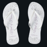 Silver Lace & Lavender Maid of Honour Wedding Flip Flops<br><div class="desc">These beautiful wedding flip flops are a great way to thank and recognize your Maid of Honour while saving her feet at the same time. Features an elegant design with silver grey lace on a white background and fancy dusty purple or lavender script lettering. The test reads Maid of Honour...</div>