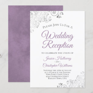 Silver Lace Lavender on White Wedding Reception Invitation