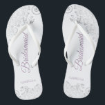 Silver Lace & Lavender Script Bridesmaid Wedding Flip Flops<br><div class="desc">These elegant wedding flip flops are a great way to thank and recognize your bridesmaids, while giving their feet a rest after a long day. The beautiful design features an elegant design with silver grey lace frills on a white background and fancy dusty purple or lavender script lettering. The text...</div>
