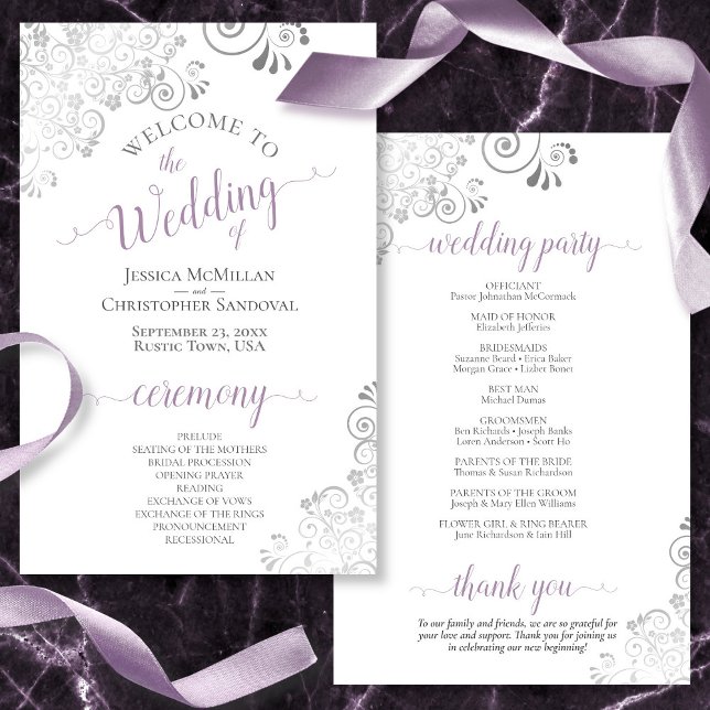 Silver Lace Lavender White Budget Wedding Program (Creator Uploaded)