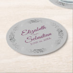 Silver Lace Magenta on Grey Elegant Wedding Round Paper Coaster<br><div class="desc">These beautiful wedding coasters feature a simple yet elegant design with magenta, cassis purple, or berry coloured script lettering and a silver faux foil lace border on a grey background. There is space for the couple's names and the wedding date. Wonderful wedding memento or save the date gift.</div>