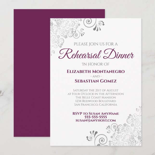 Silver Lace Magenta White Wedding Rehearsal Dinner Invitation (Front/Back)