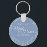 Silver Lace Maid of Honour Periwinkle Blue Wedding Keychain<br><div class="desc">These beautiful keychains are designed to be given as a gift or wedding favour to your maid of honour. The elegant design features a frilly silver grey faux foil border with pale grey text on a dusty periwinkle blue background. There is space for her name, the wedding date and the...</div>