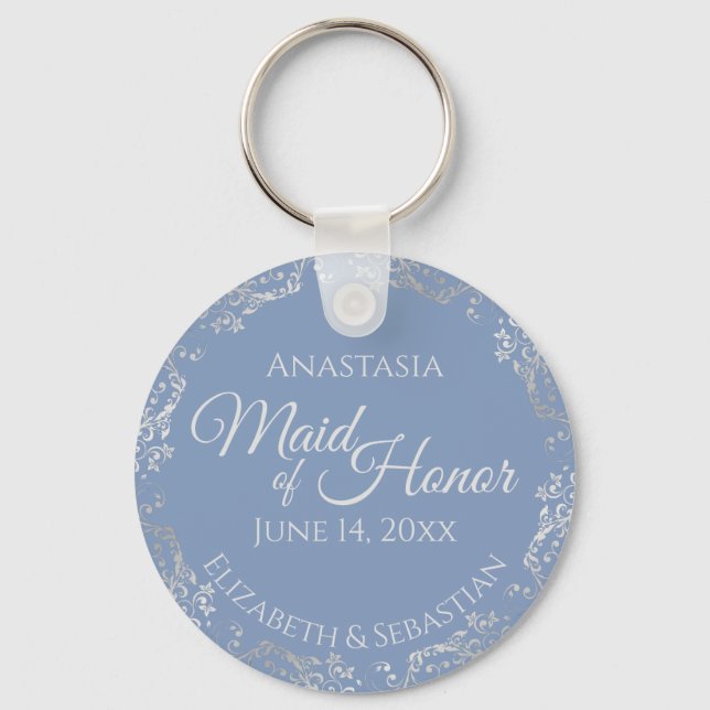 Silver Lace Maid of Honour Periwinkle Blue Wedding Keychain (Front)