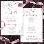 Silver Lace Mauve on White Budget Wedding Program<br><div class="desc">These wedding programs are elegant and tasteful, while still being budget friendly. The design features ornate silver grey faux foil lace with dusty rose or mauve pink text on a white background. The typography features lacy script calligraphy, and there is room for details on the ceremony, the bridal party, and...</div>