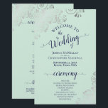 Silver Lace Mint & Navy Budget Wedding Program<br><div class="desc">These wedding programs are elegant and tasteful, while still being budget friendly. The design features ornate silver grey faux foil lace with navy blue text on a pale mint green coloured background. The typography features lacy script calligraphy, and there is room for details on the ceremony, the bridal party, and...</div>