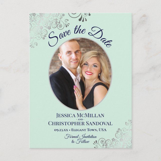 Silver Lace Mint Navy Wedding Save the Date Photo Announcement Postcard (Front)