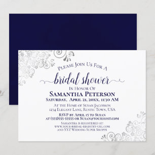 Silver Lace Navy Blue Elegant White Bridal Shower Invitation
