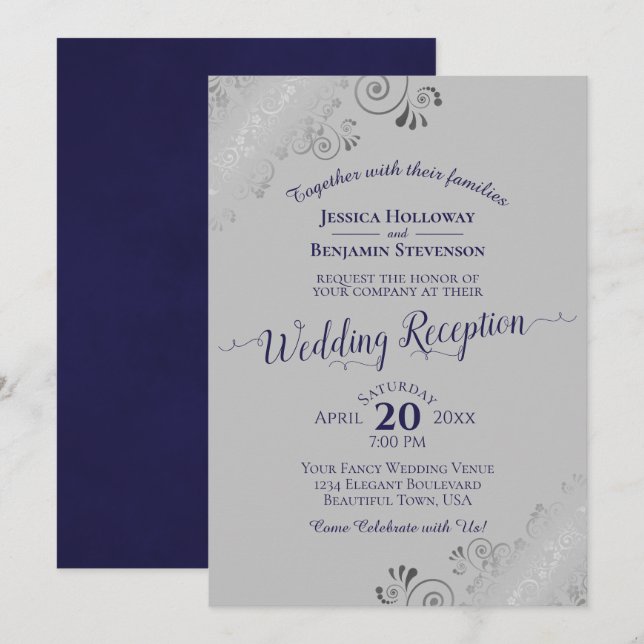 Silver Lace Navy Blue & Grey Wedding Reception Invitation (Front/Back)