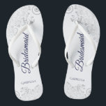 Silver Lace Navy Blue on White Bridesmaid Wedding Flip Flops<br><div class="desc">These elegant wedding flip flops are a great way to thank and recognize your bridesmaids, while giving their feet a rest after a long day. The beautiful design features an elegant design with silver grey lace frills on a white background and fancy navy blue coloured script lettering. The text reads...</div>