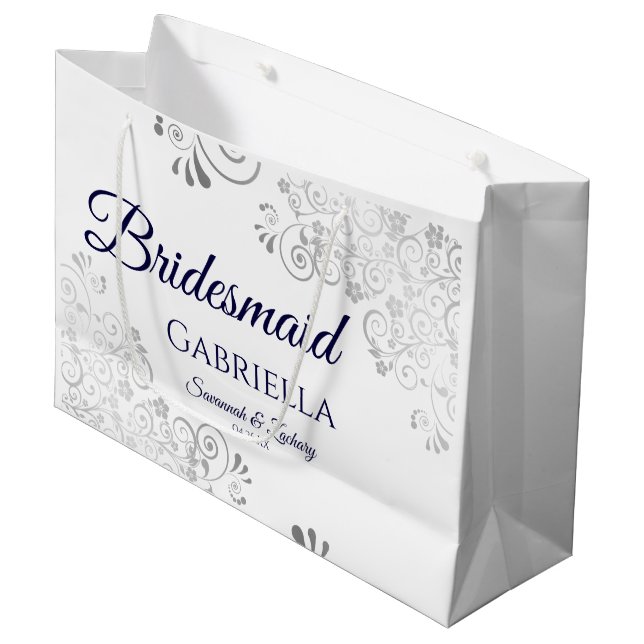 Silver Lace Navy Blue on White Bridesmaid Wedding Large Gift Bag (Front Angled)