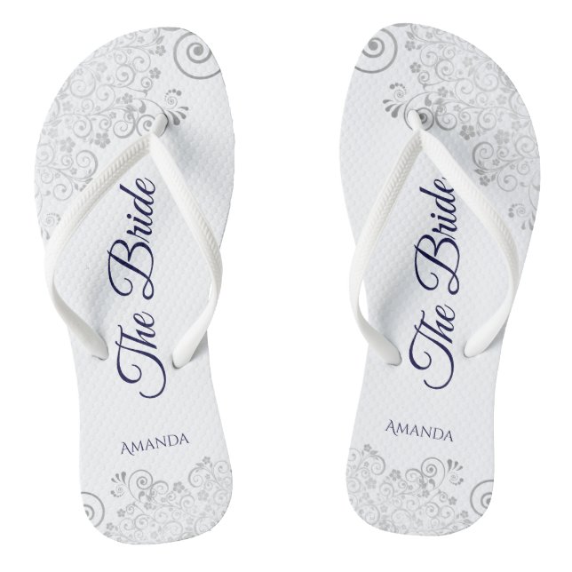 Silver Lace Navy Blue on White The Bride Wedding Flip Flops (Footbed)