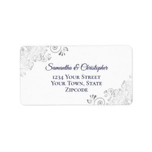 Silver Lace Navy Blue on White Wedding Address Label