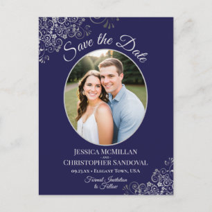Silver Lace Navy Blue Wedding Save the Date Photo Announcement Postcard