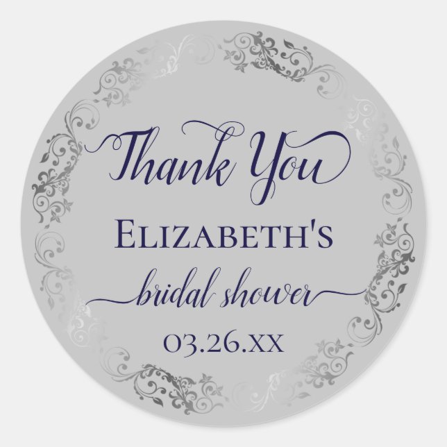 Silver Lace Navy on Grey Bridal Shower Thank You Classic Round Sticker (Front)