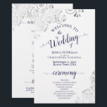 Silver Lace Navy on White Budget Wedding Program<br><div class="desc">These wedding programs are elegant and tasteful, while still being budget friendly. The design features ornate silver grey faux foil lace with navy blue text on a white background. The typography features lacy script calligraphy, and there is room for details on the ceremony, the bridal party, and a short thank...</div>