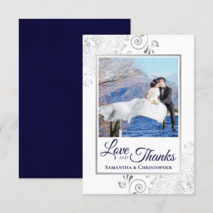 Silver Lace Navy on White Love & Thanks Wedding Thank You Card