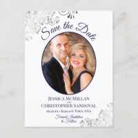 Silver Lace Navy White Wedding Save the Date Photo