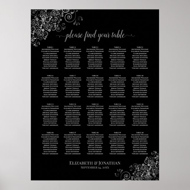 Silver Lace on Black 20 Table Seating Chart (Front)