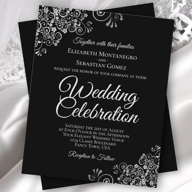 Silver Lace on Black BUDGET Wedding Invitation (Creator Uploaded)