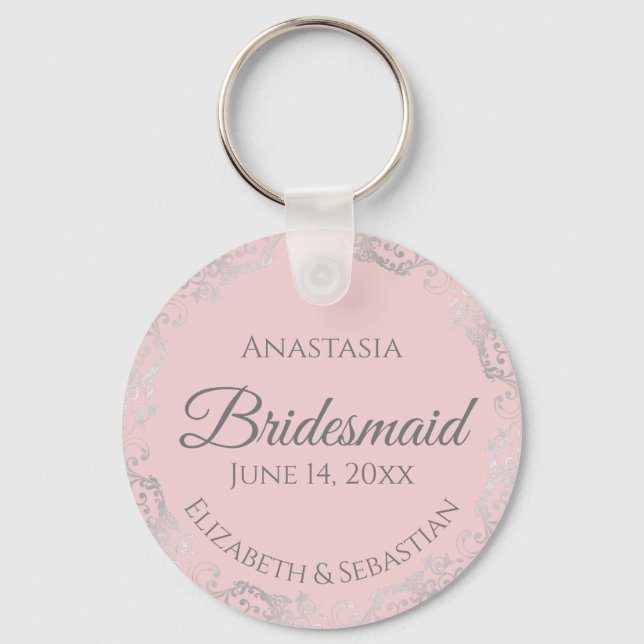 Silver Lace on Blush Pink Bridesmaid Wedding Keychain (Front)