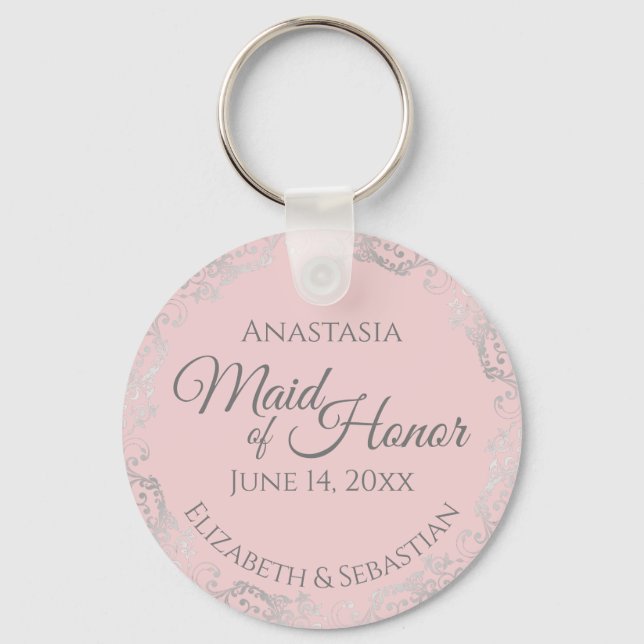 Silver Lace on Blush Pink Maid of Honour Wedding Keychain (Front)