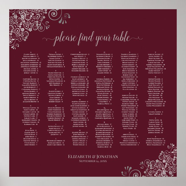 Silver Lace on Burgundy Alphabetical Seating Chart (Front)