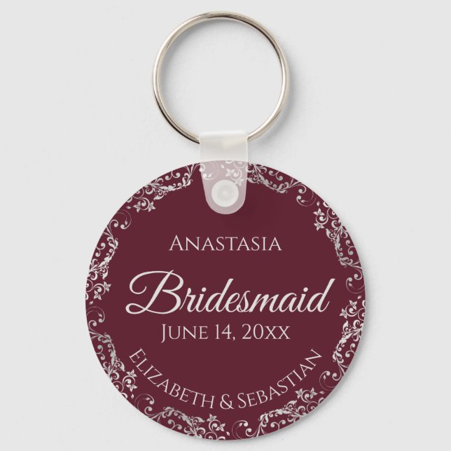 Silver Lace on Burgundy Bridesmaid Wedding Keychain (Front)