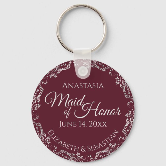 Silver Lace on Burgundy Maid of Honour Wedding Keychain (Front)
