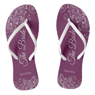 Silver Lace on Cassis Purple The Bride Wedding Flip Flops