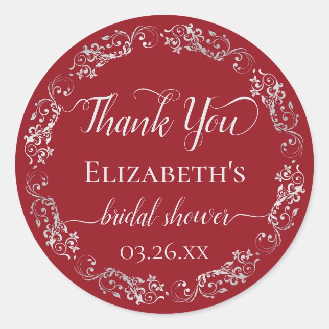 Silver Lace on Crimson Red Bridal Shower Thank You Classic Round Sticker (Front)