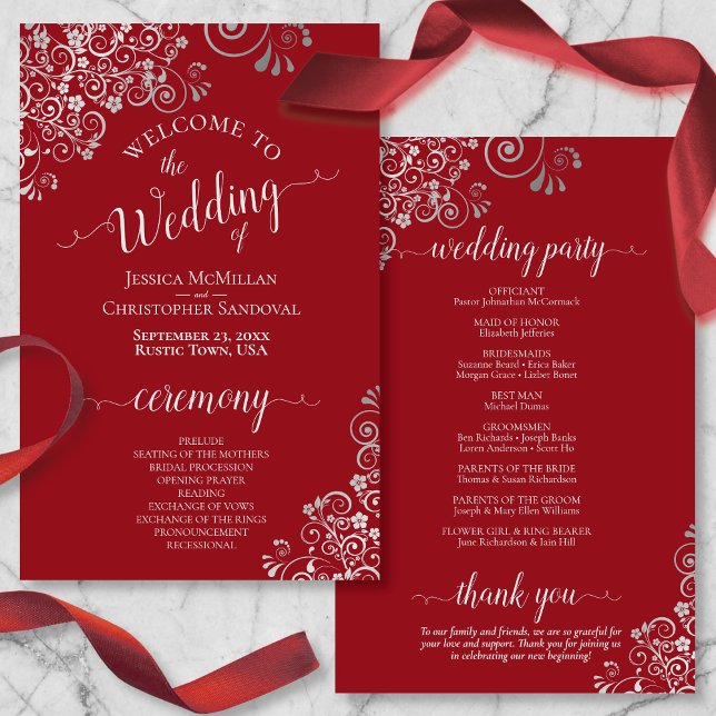 Silver Lace on Crimson Red Budget Wedding Program (Creator Uploaded)